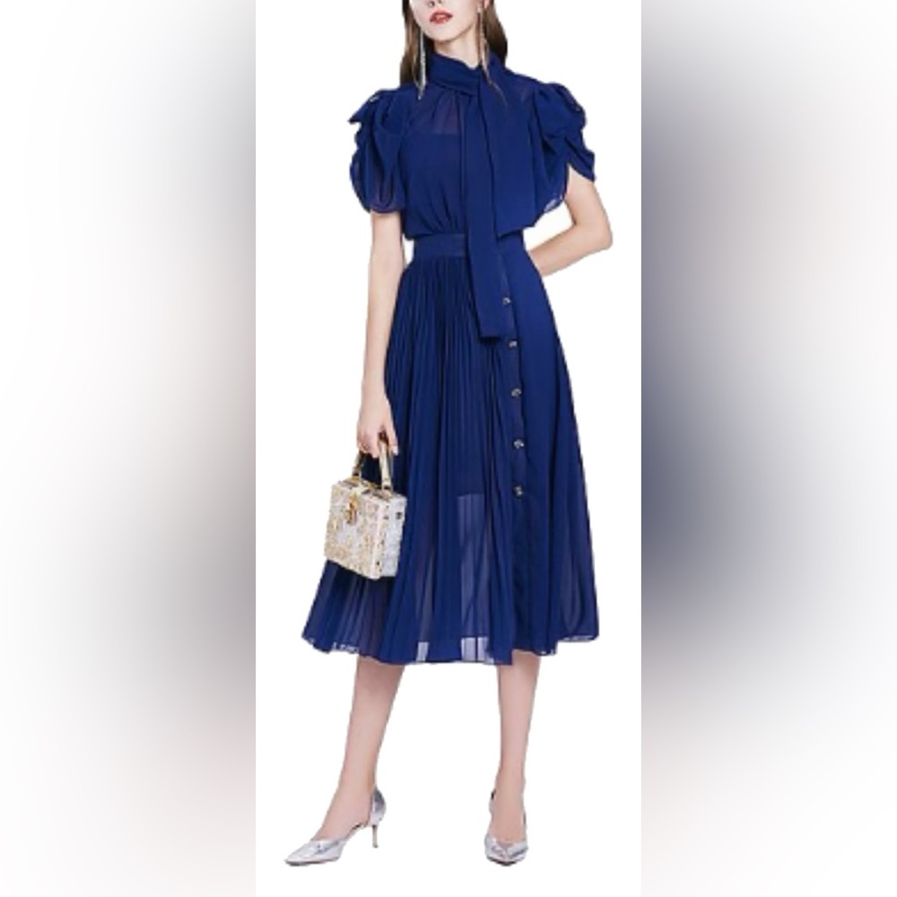 Chic Navy Long Sleeve Dress with Button Detail